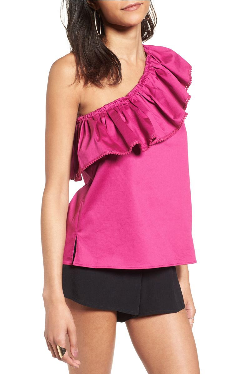 DEVLIN Vanessa One Shoulder Blouse Raspberry Pompom Trim one shoulder tops spring 2017