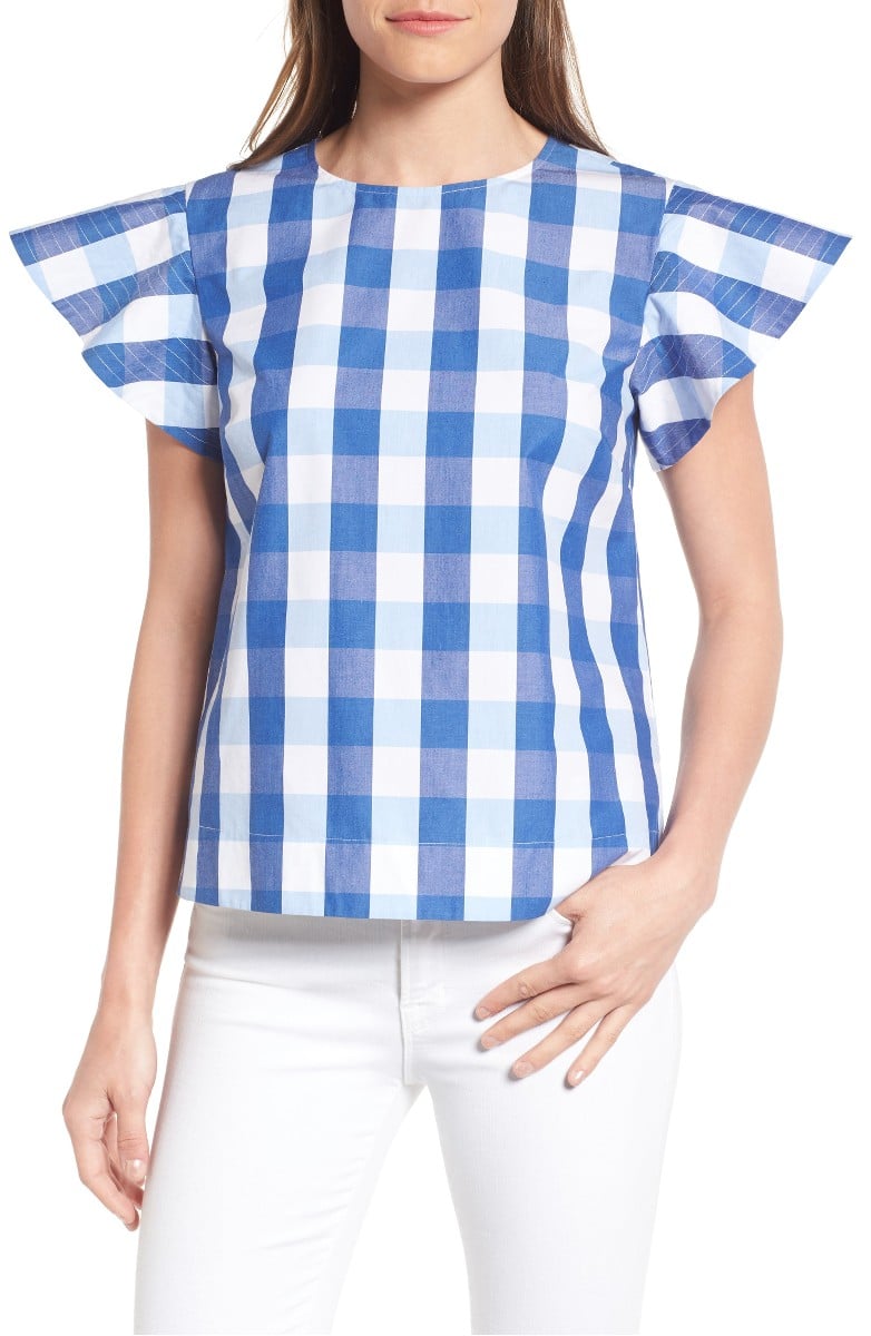 DRAPER JAMES Cloister Gingham Cotton Top Blue Parton Check Flutter Sleeves gingham tops spring summer 2017