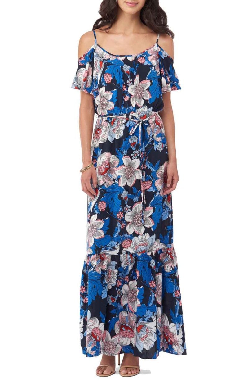 ECI Cold Shoulder Maxi Dress Navy Blue Floral Print cold shoulder maxi dresses spring 2017 trend