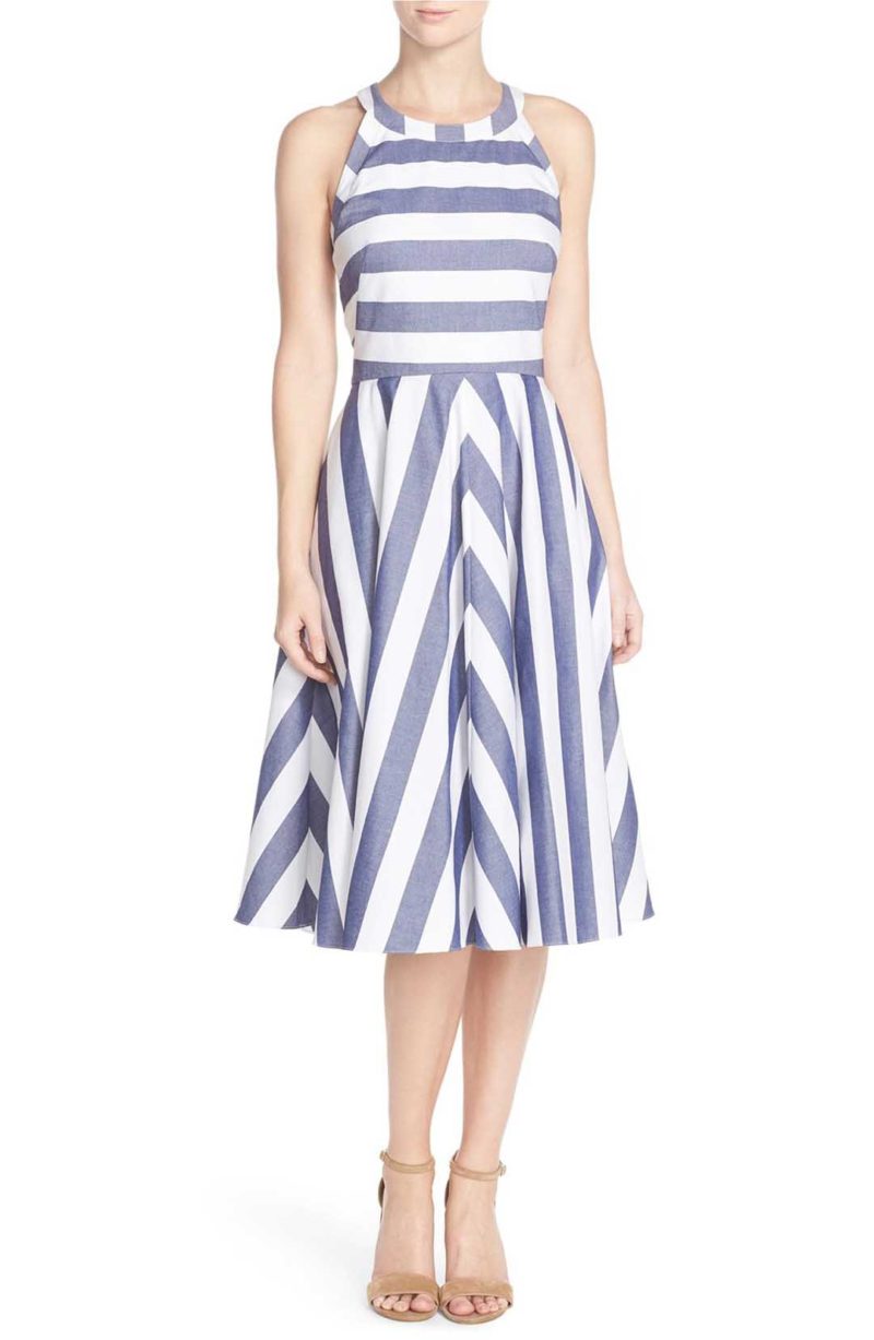 ELIZA J Cotton Fit and Flare Chambray Stripe Dress Blue Ivory fit and flare dresses easter 2017