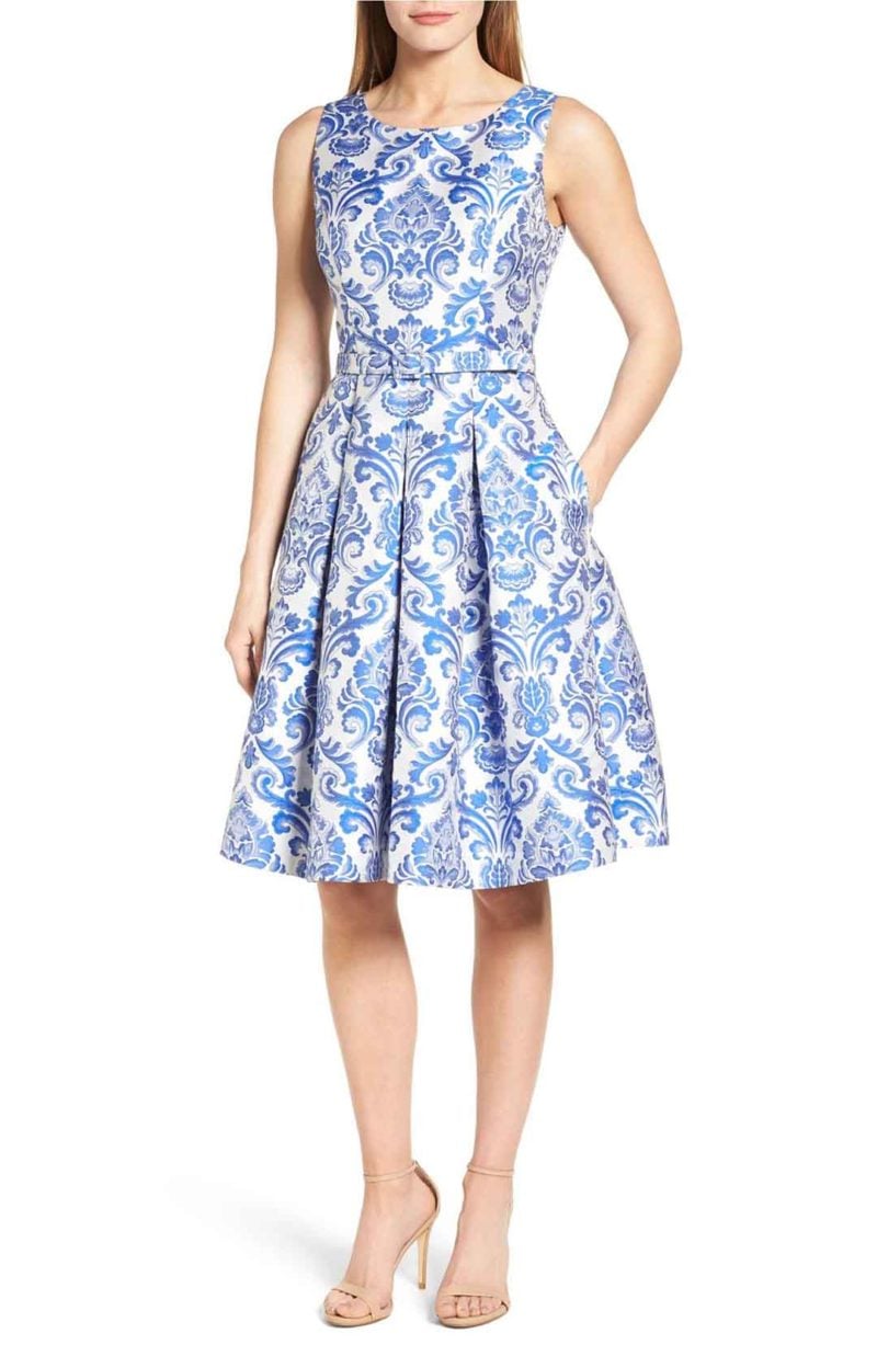 ELIZA J Jacquard Fit and Flare Dress Blue Ivory fit and flare dresses easter 2017