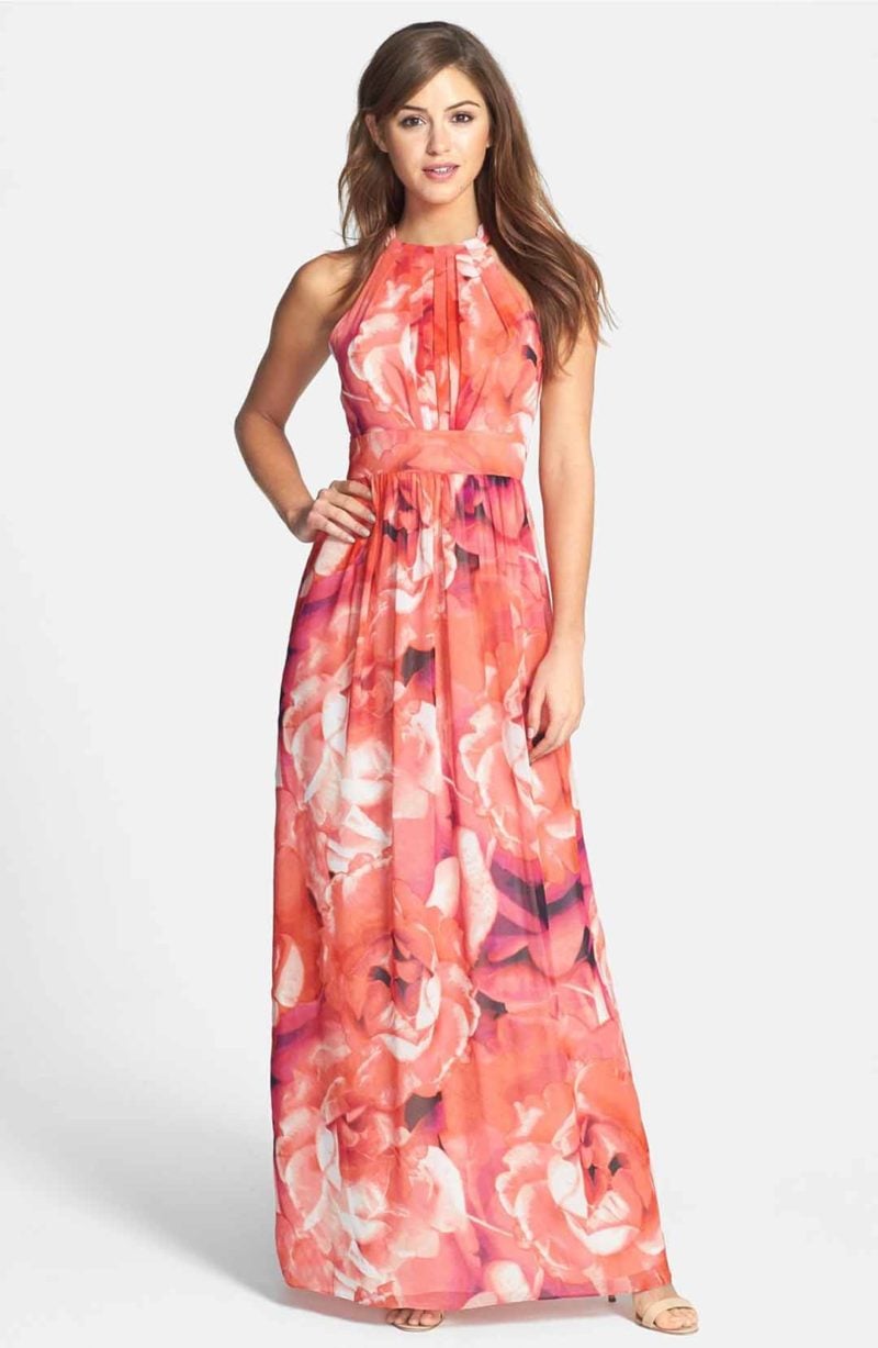 ELIZA J Print Chiffon Fit & Flare Maxi Dress Pink fit and flare dresses easter 2017
