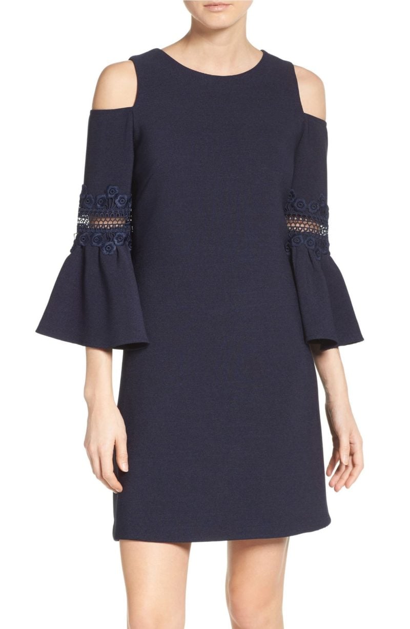Eliza J Lace Appliqué Crepe Cold Shoulder Dress Navy Blue lace shift dresses spring wedding guest 