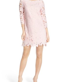 FELICITY & COCO Floral Lace Shift Dress Light Pink lace shift dresses for spring wedding guest season