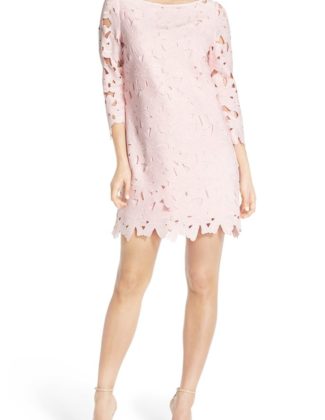 FELICITY & COCO Floral Lace Shift Dress Light Pink lace shift dresses for spring wedding guest season