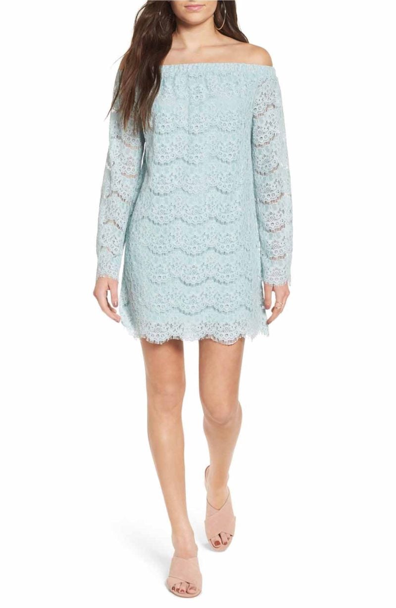 FIRE Off the Shoulder Lace Shift Dress Cloud Blue lace shift dresses spring wedding guest season