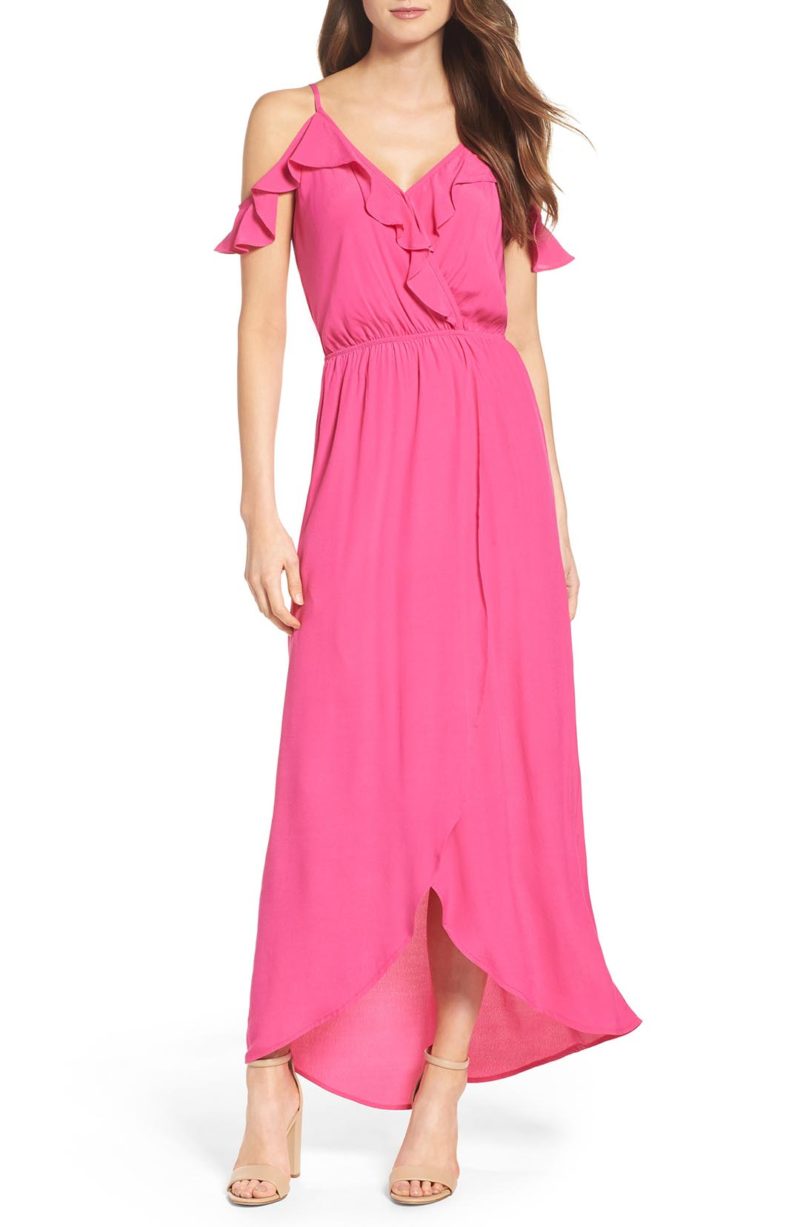 FRAICHE BY J Cold Shoulder Maxi Dress Pink Ruffles cold shoulder maxi dresses spring 2017