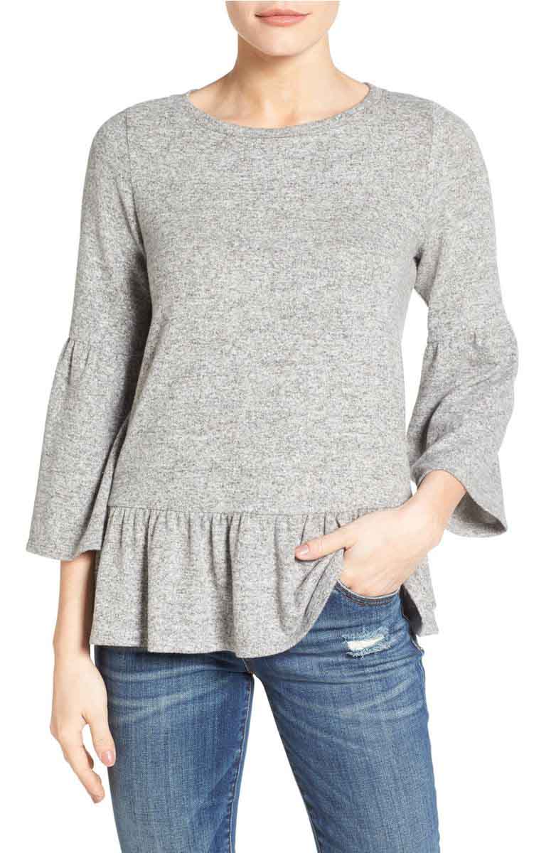 GIBSON Cozy Fleece Peplum Bell Sleeve Top Light Grey bell sleeve tops under $50