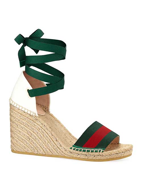 Gucci Lilibeth Grg Anklewrap Wedge Espadrille White Pattern Green Red platform espadrilles