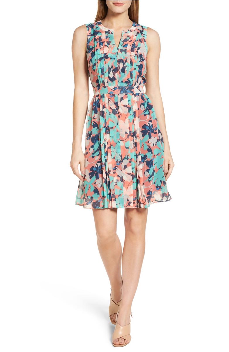 HALOGEN® Pleated Fit and Flare Dress Coral Blue Floral fit and flare dresses spring 2017 easter 2017