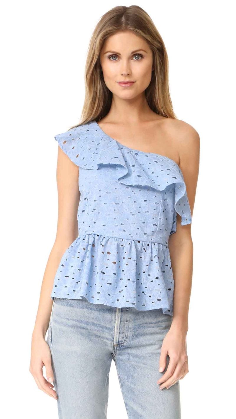 J.O.A. One Shoulder Lace Ruffle Top Blue one shoulder tops spring 2017