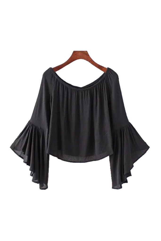 'LOPEZ' OFF THE SHOULDER BELL SLEEVED CROP TOP Black bell sleeve tops under $50