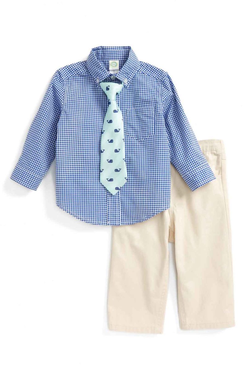 Little Me Check Shirt, Pants & Tie Set Blue Check Khaki Pants easter outfits for baby boys