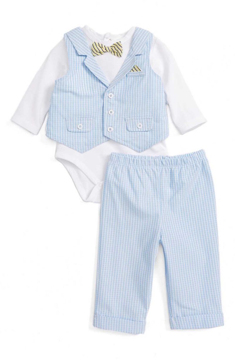 Little Me Jaunty Vest, Bodysuit & Pants Set White Light Blue easter outfits for baby boys