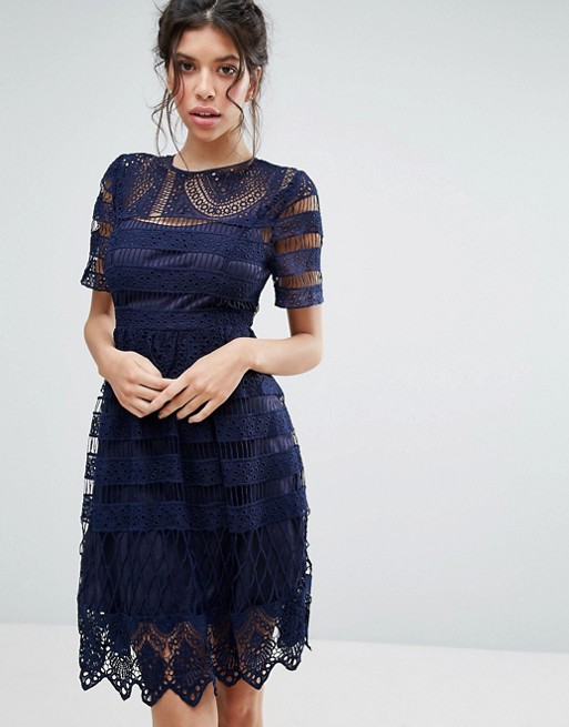 Love Triangle Lace Double Layer Skater Dress Navy Blue skater dresses for spring 2017 trend