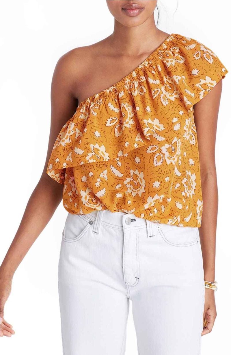 MADEWELL Floral One-Shoulder Silk Tank Golden Ochre one shoulder tops spring 2017