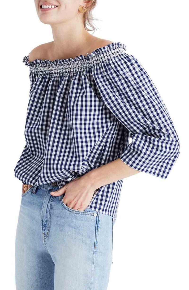 MADEWELL Smocked Gingham Off the Shoulder Top Moonless Night gingham tops for spring 2017