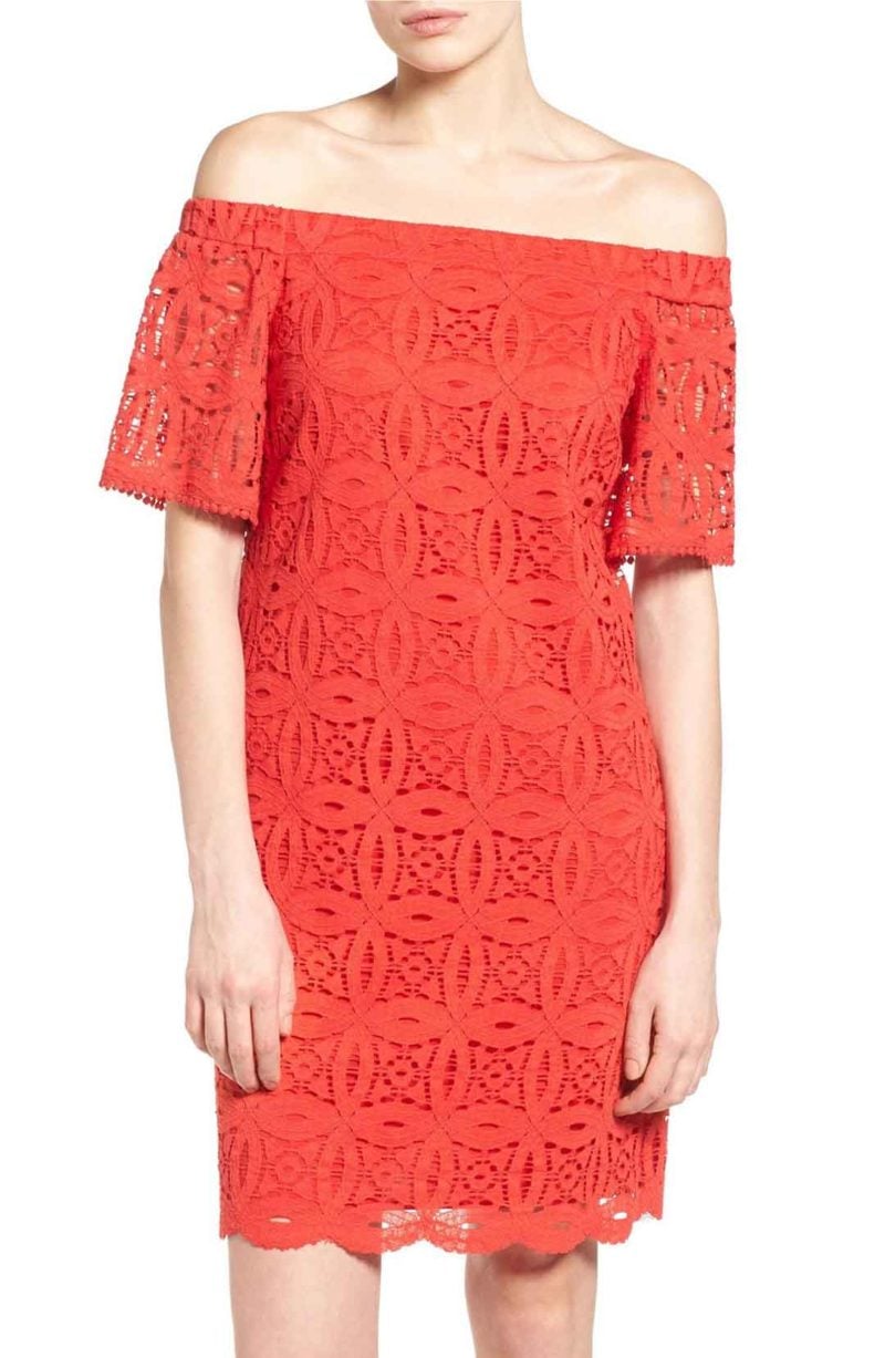 MAGGY LONDON Off The Shoulder Eyelet Lace Dress Firecracker Red lace shift dresses spring wedding guest season
