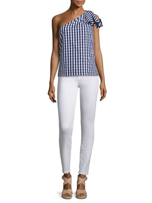 MILLY Cindy Gingham One-Shoulder Top Navy Blue gingham tops spring 2017