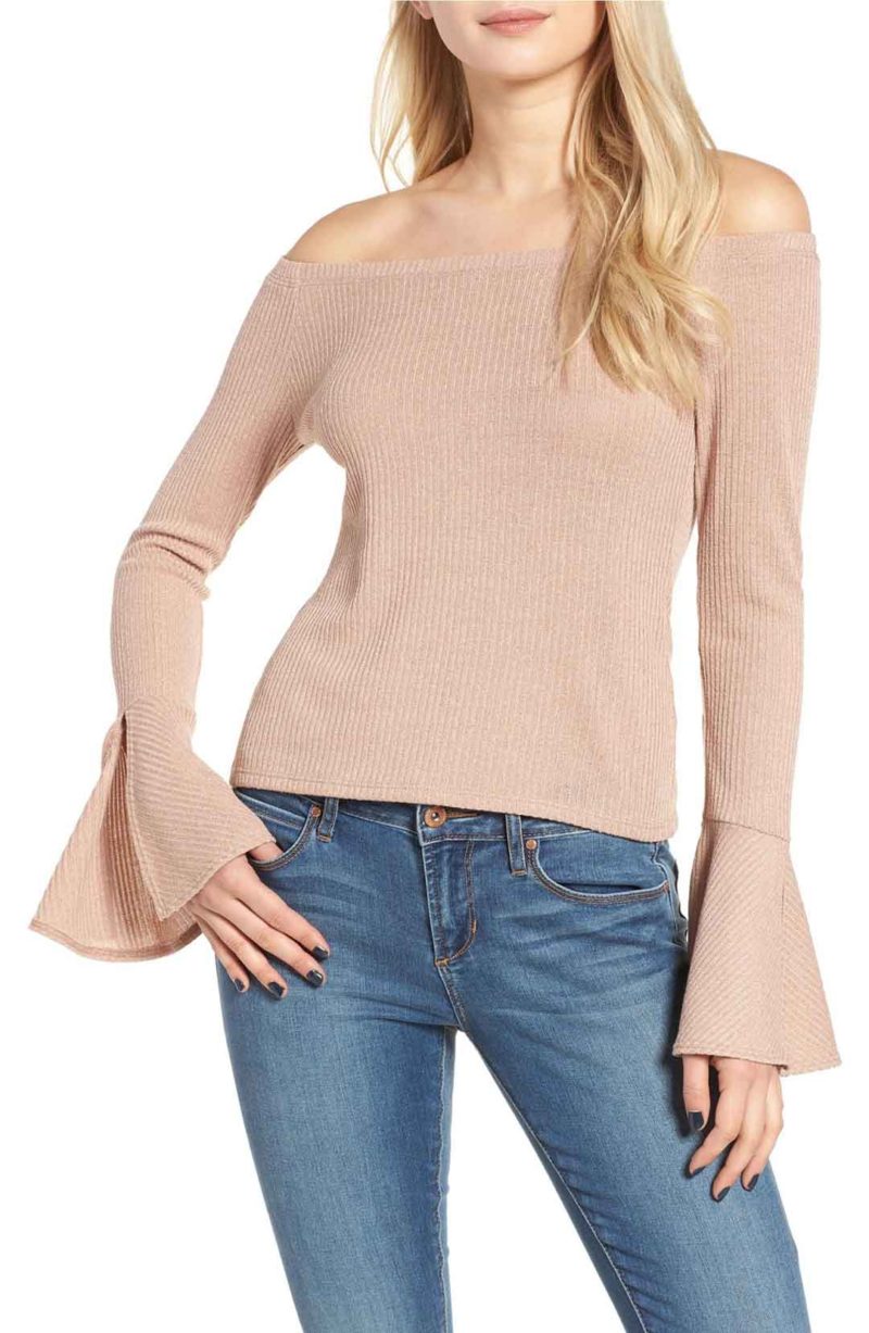 MIMI CHICA Ribbed Off the Shoulder Top Rose bell sleeve tops under $50