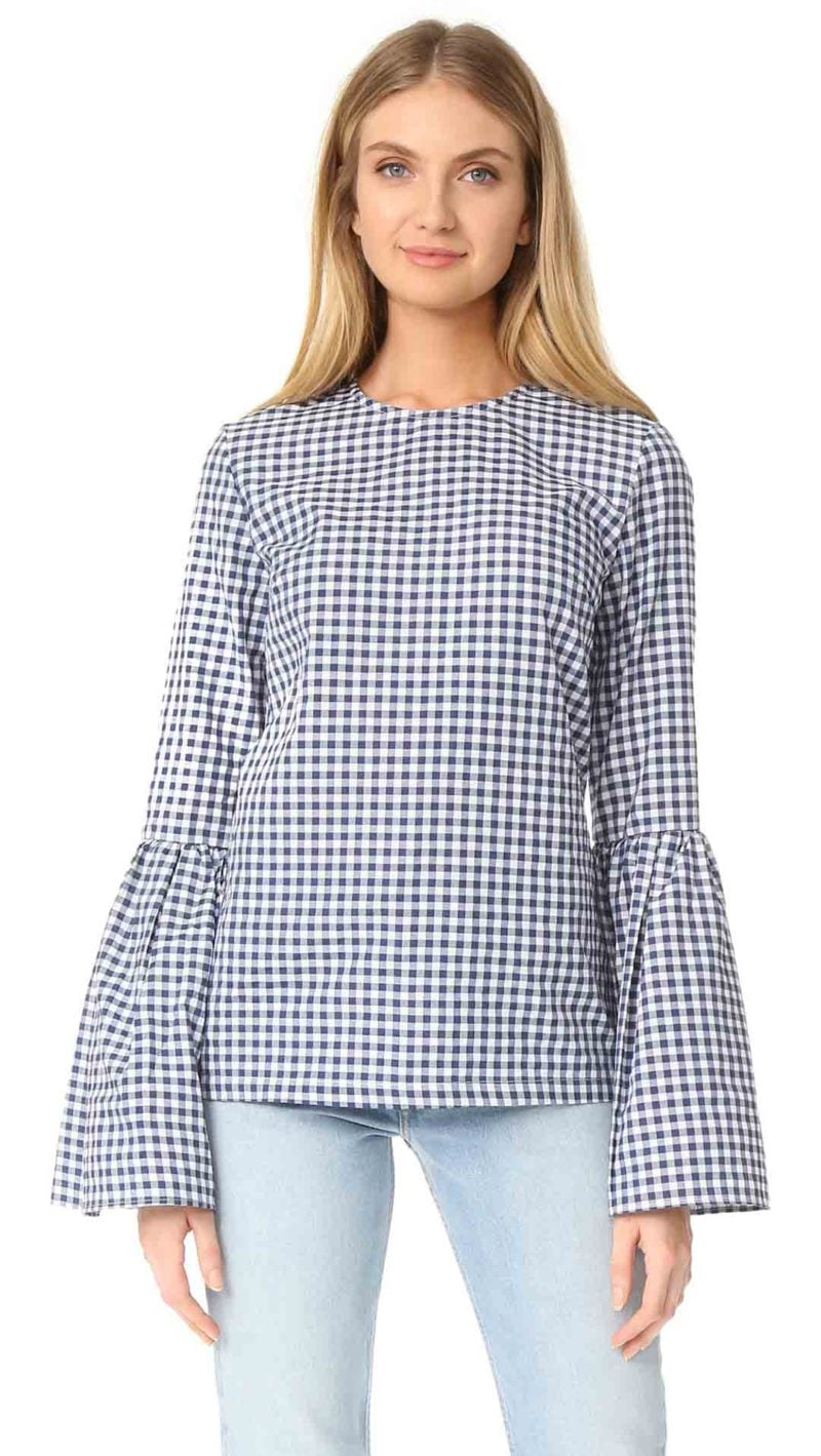 MLM LABEL Rhodes Top Bell Sleeves Small Navy Gingham White gingham tops for spring 2017