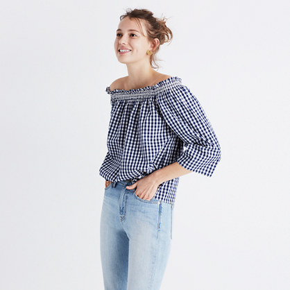 Madewell smocked gingham off-the-shoulder top item g1547 moonless night madewell sale