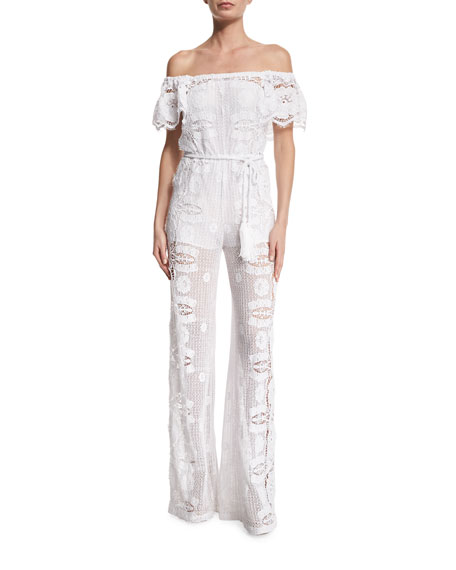 Miguelina Brisa Off-The-Shoulder Lace Jumpsuit Coverup Pure White off the shoulder beach cover ups