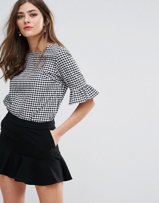 Miss Selfridge Gingham Fluted Sleeve Top Black White gingham tops spring 2017
