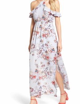 ONE CLOTHING Floral Cold Shoulder Maxi Dress Blue Floral Print cold shoulder maxi dresses spring 2017