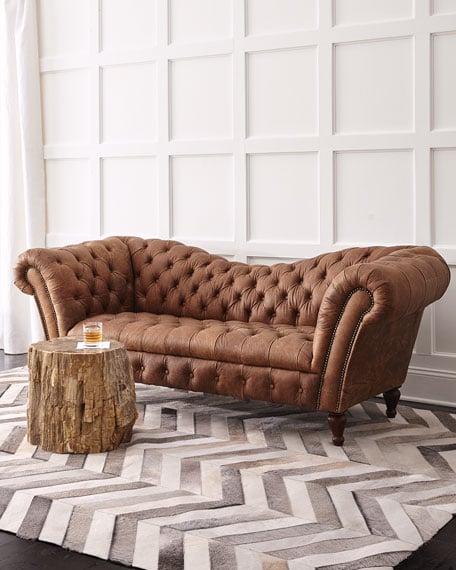Oak Leather Recamier Tufted Sofa Brown horchow friends and family sale