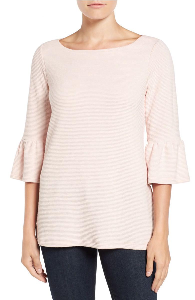 PLEIONE Stripe Knit Bell Sleeve Top Pink Smoke bell sleeve tops under $50