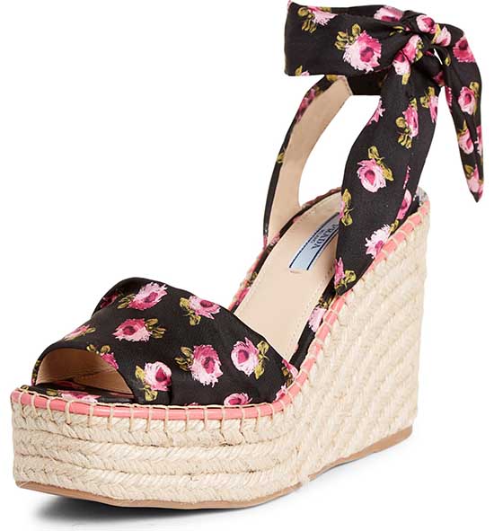 PRADA Platform Wedge Espadrille Sandal Black Pink Flowers 