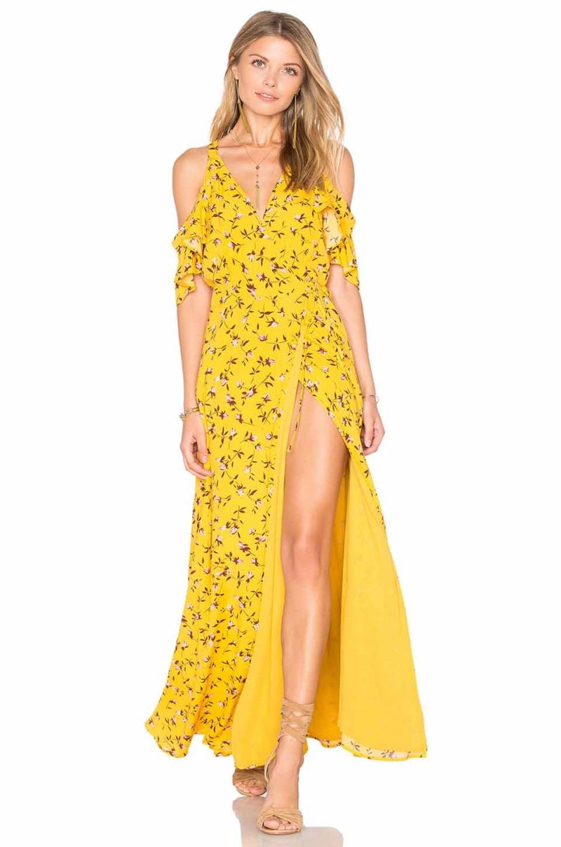 PRIVACY PLEASE X REVOLVE ACME COLD SHOULDER MAXI DRESS Mustard Floral Print