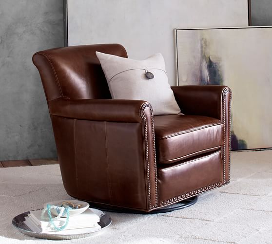 Pottery Barn IRVING LEATHER SWIVEL ARMCHAIR WITH NAILHEADS pottery barn buy more save more sale