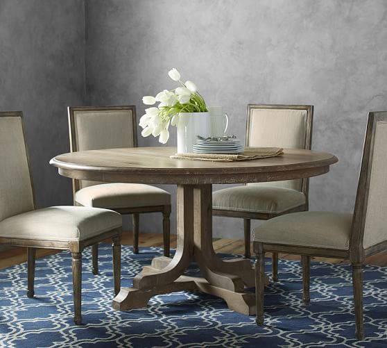 Pottery Barn LINDEN FIXED PEDESTAL TABLE Mango Wood Belgian Gray Finish pedestal dining tables