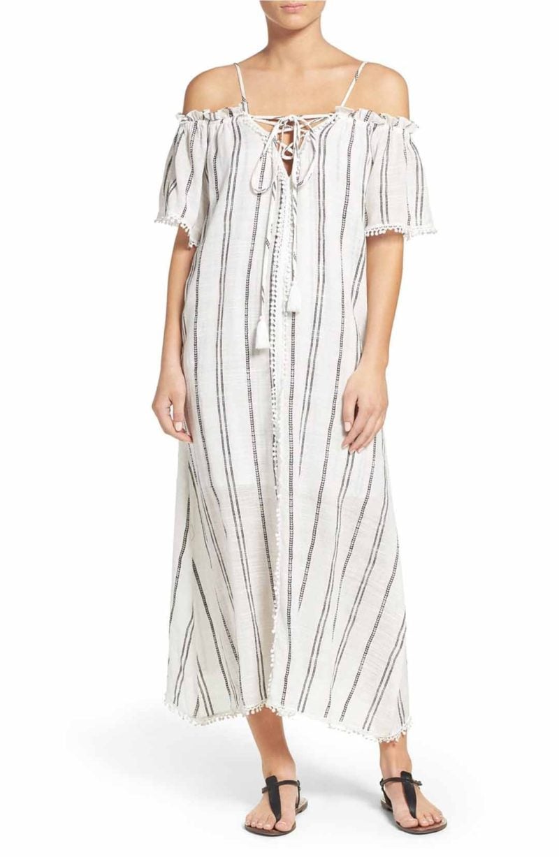 Red Carter Cold Shoulder Cover-Up Dress Ivory Black Stripe off the shoulder beach cover ups spring break 2017