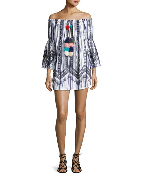 Red Carter Rio Striped Off-the-Shoulder Tassel-Trim Mini Dress, White/Multicolor Bell Sleeves off the shoulder beach cover up dresses for spring break 2017