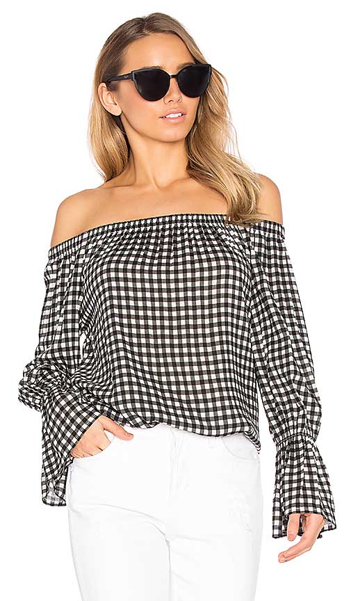 SANCTUARY Charlotte Gingham Off The Shoulder Top Bell Sleeves Black White gingham tops spring 2017