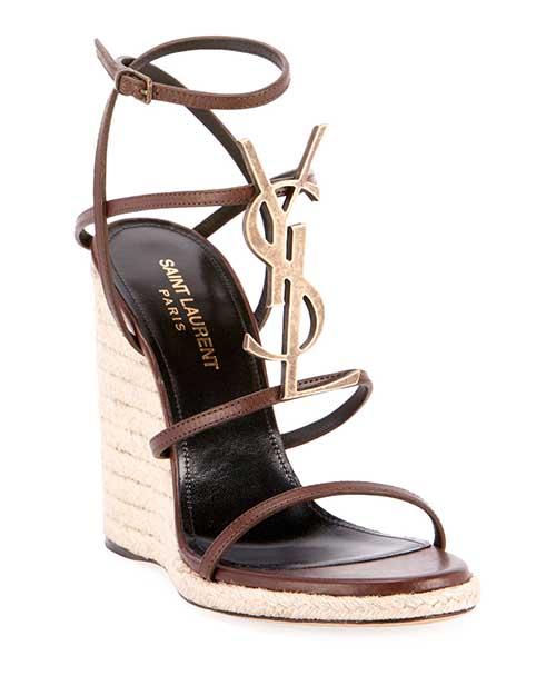 Saint Laurent Cassandre Wedge Espadrilles with Golden YSL Logo Chocolate platform wedges