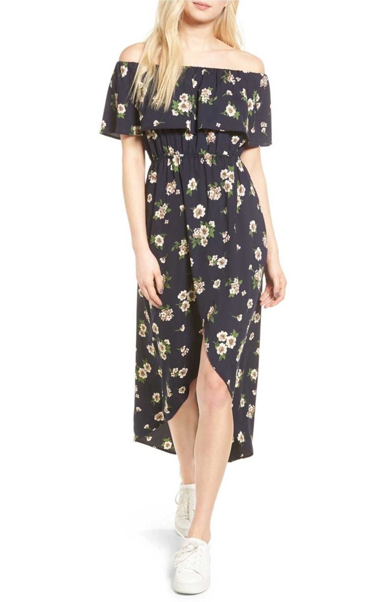 Soprano Floral Print Off the Shoulder Dress Navy Floral high low dresses spring 2017