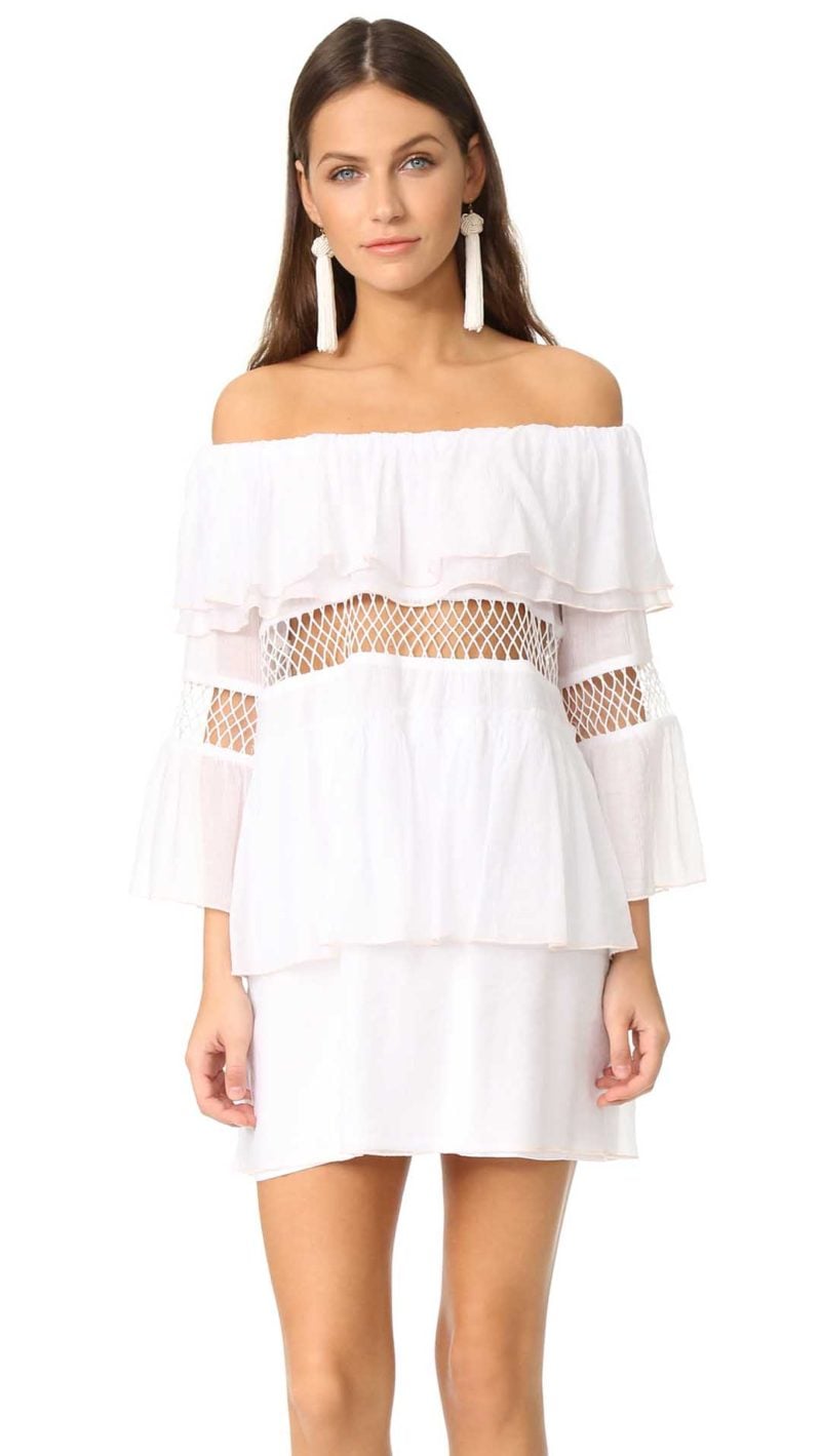 Suboo Closer Frill Off Shoulder Cover Up Tunic White Sheer Lattice Trim off the shoulder beach cover ups spring break 2017
