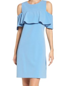 TAYLOR DRESSES Cold Shoulder Sheath Dress Powder Blue Ruffled Overlay cold shoulder dresses spring wedding guest season