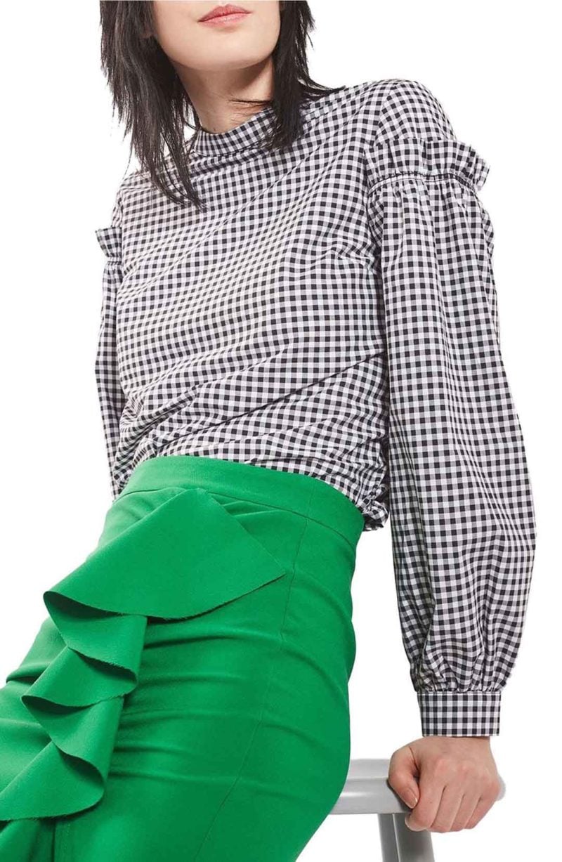 TOPSHOP Gingham Mutton Sleeve Top Black Multi gingham tops spring 2017