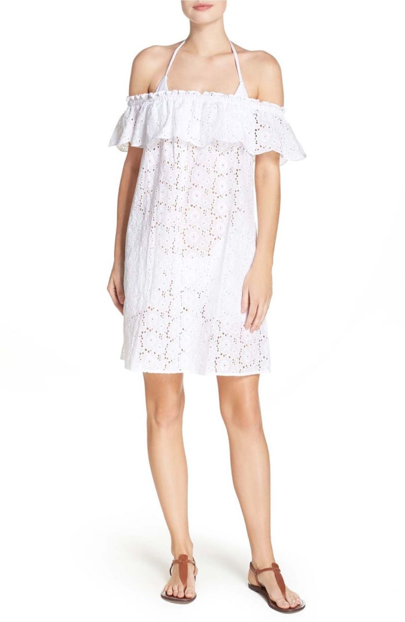 TORY BURCH Broderie Off the Shoulder Eyelet Cover-Up Dress White off the shoulder beach cover ups for spring break 2017