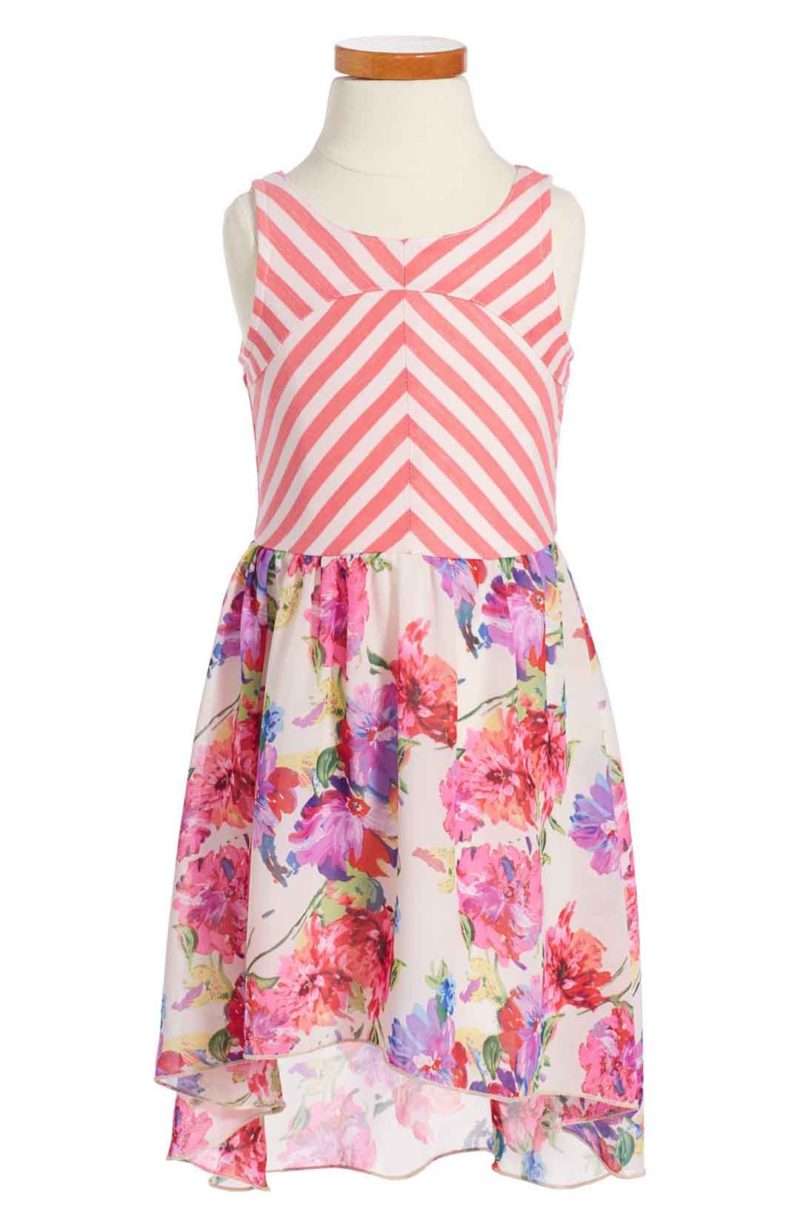 TRULY ME High Low Sleeveless Dress Coral Ivory Stripe Floral Print Little Girls easter dresses for little girls 2017 style