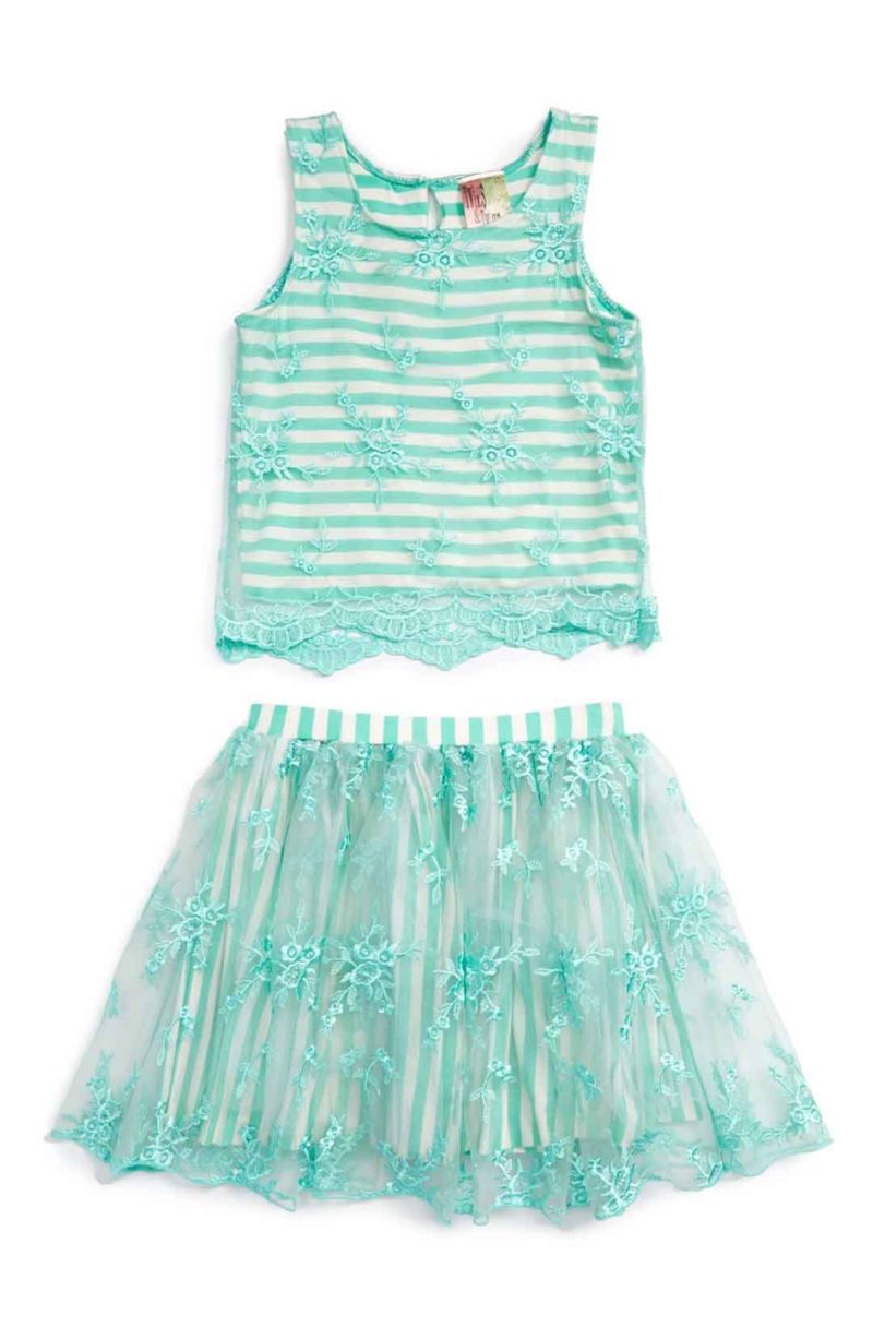 TWIRLS & TWIGS Lace Overlay Top & Skirt Set Aqua Little Girls easter dresses for little girls 2017