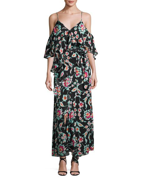 Tanya Taylor Designs Lorena Mosaic Floral Striped Silk Maxi Dress Black cold shoulder maxi dresses spring 2017