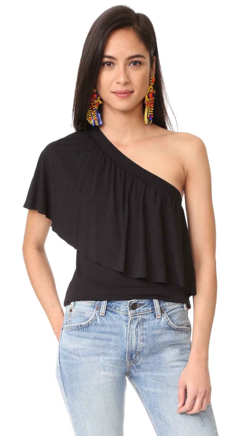 Three Dots Ruffle One Shoulder Top Black one shoulder tops spring 2017
