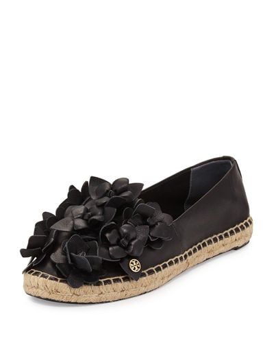 Tory Burch Blossom Leather Espadrille Flat Black Neiman Marcus st. patrick's day sale