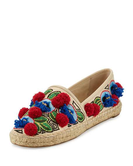 Tory Burch Ellis Embroidered Espadrille Flat Pompoms, Beige Beige Neiman Marcus st. patrick's day sale